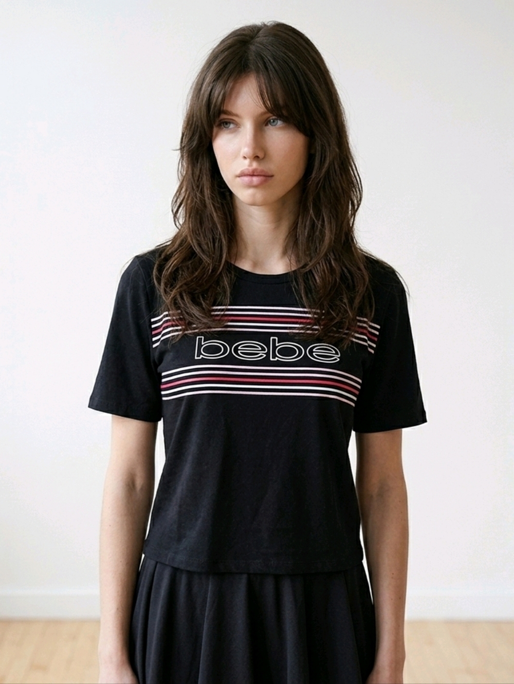 Vintage Y2K Bebe Sport Black Striped Logo Spellout T-Shirt Size Large